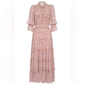 MISA Los Angeles Blush Pink Floral Maxi Dress XS Tiered Puff Sleeve Boho Prairie